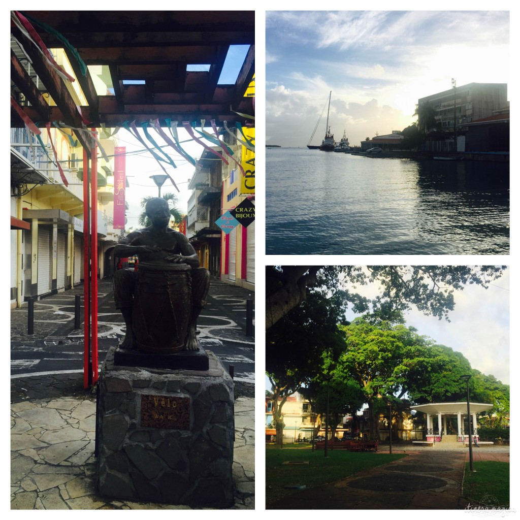 Visions de Pointe à Pitre : statue de Vélo, joueur de tambour traditionnel guadeloupéen ( gwo ka) des années 70, autour de laquelle les rastas se réunissent. Quais, face au mémorial ACTe. Place de la Victoire, aux airs rétro.