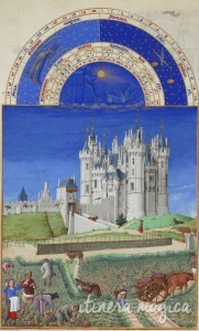 Le château de Saumur, tel que représenté par les Très riches heures du duc de Berry, au XVe siècle. Source : Wikipedia Commons.