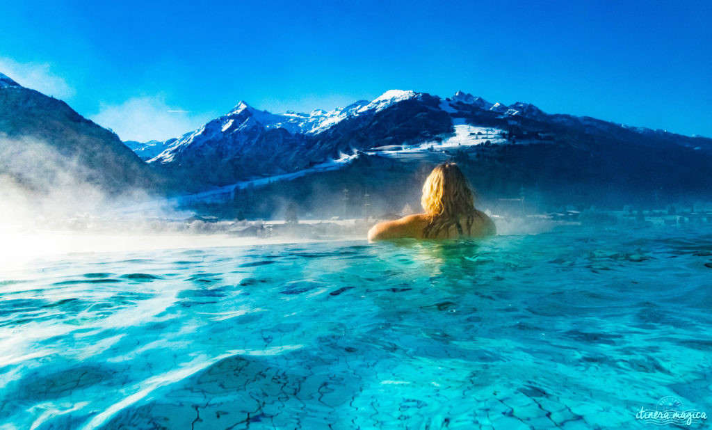 Le meilleur hôtel spa d'Autriche ? Le Tauern Spa Kaprun. Fabuleuse piscine donnant sur les Alpes, saunas, grand luxe, parc aquatique alpin de rêve. Infinity pool in Austria