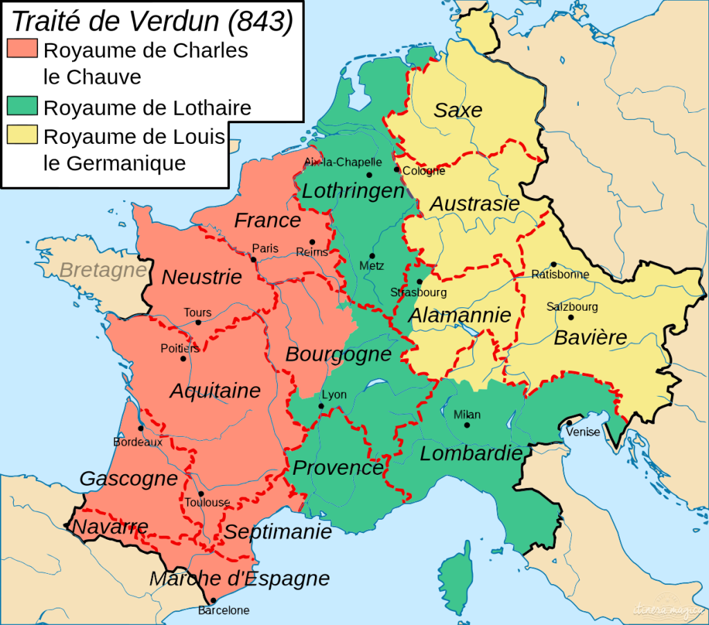 Le traité de Verdun, ou le partage de l'Europe occidentale entre les fils de Charlemagne. Source: Wikipedia commons.