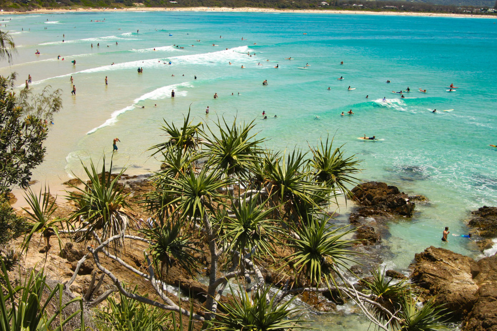 Byron Bay, as seen from the rocky hill covered in palm trees which overlooks the beach.