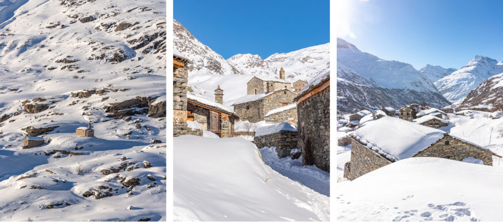 Randonnée vers le hameau de l'Ecot à Bonneval-sur-Arc en hiver