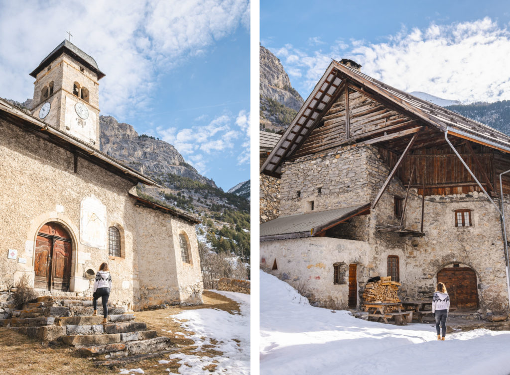 Vallée de la Clarée en hiver : les plus beaux villages. Eglises, fresques et cadrans solaires . Hameau de Plampinet