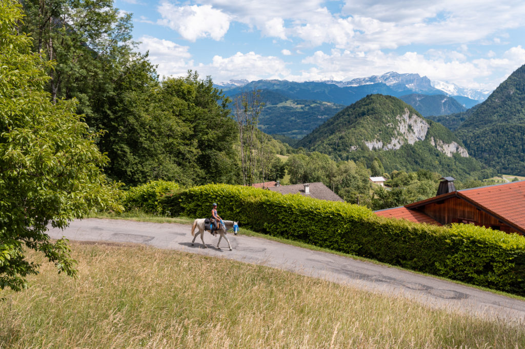 randonnée équestre à praz de lys sommand en haute savoie avec vue sur le mont blanc