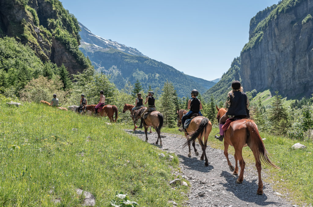 Randonnée équestre dans les montagnes du Giffre en Haute Savoie : jusqu'au cirque du Fer à Cheval à cheval.